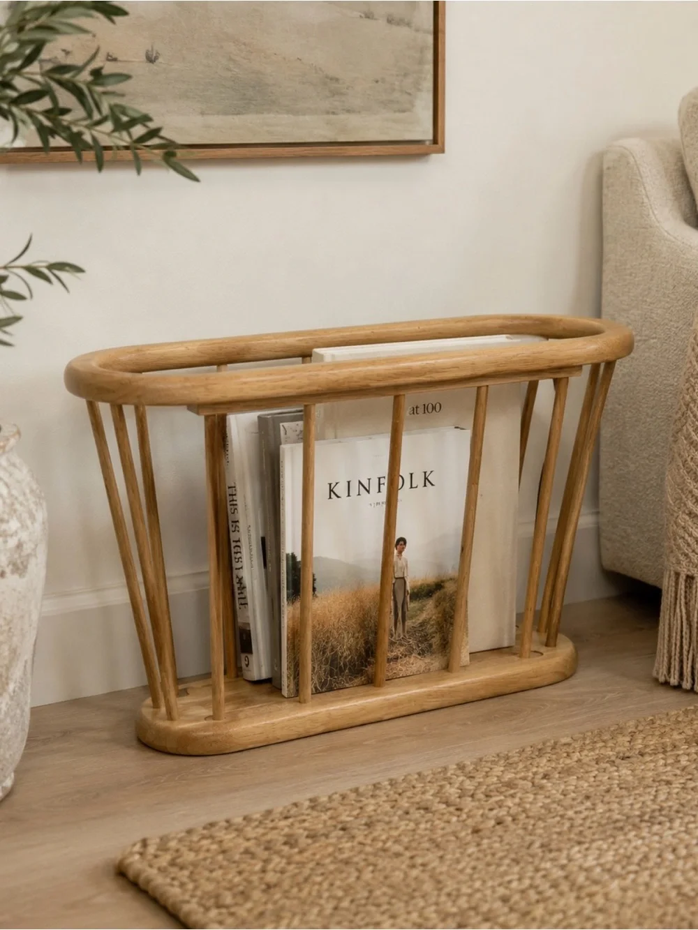 Mid-Century Modern Spindle Wood Magazine Rack Light Wood Tapered Oval Blonde